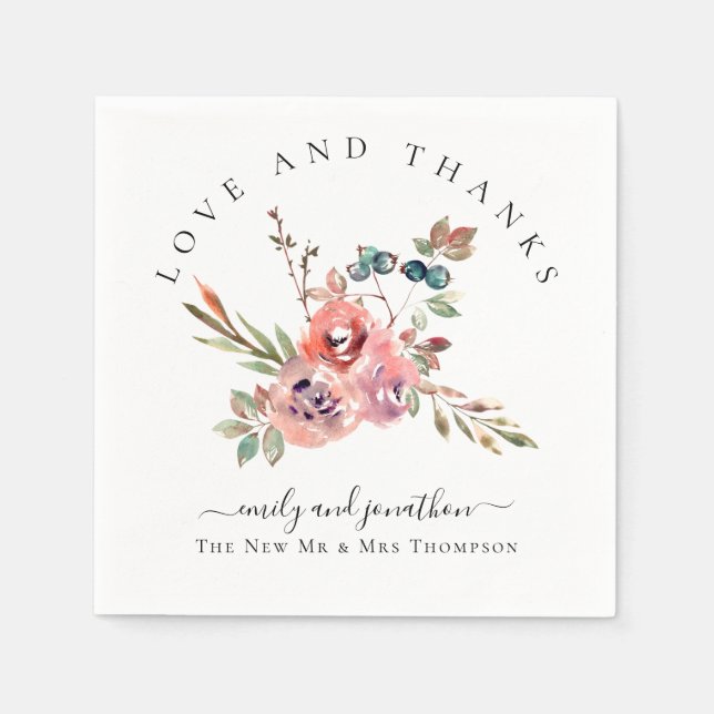 Moderna akvarellblommor Tack Namn Bröllop  Pappersservett (Framsidan)