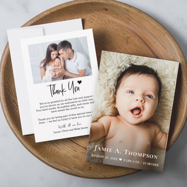 Moderna anpassade namn foton små anteckningar baby (Modern Small note thank you card custom photo baby shower birth announcement.)