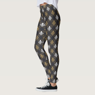 Moderna Art Deco Svarta, Vita Och Guldfläkt Leggin Leggings