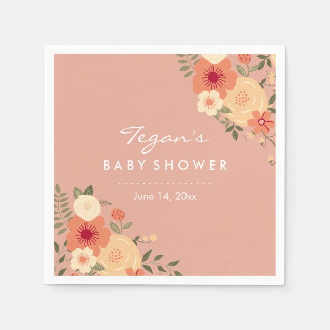 Moderna babyservetter med persikofärgade blommor pappersservett (Framsidan)