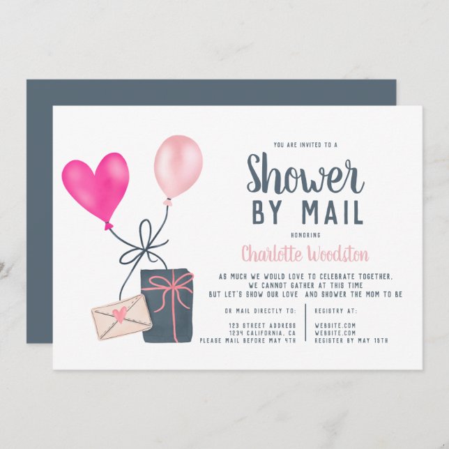 moderna ballonger illustrerar babydusch med e-post inbjudningar (Fram/baksida)