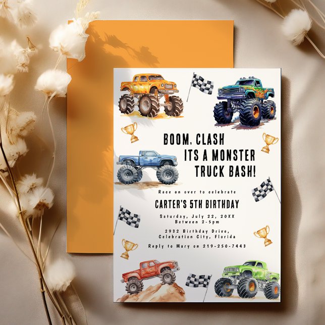 Moderna Barn Monster Trucks Födelsedagsfest Inbjudningar (Skapare uppladdad)