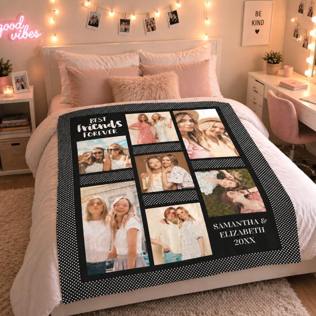 Moderna bästa vänner för alltid stilfull fotokolla fleecefilt (A cute Best Friend 7 photo blanket with black and white polkadots. Personalize it for your BFF.)