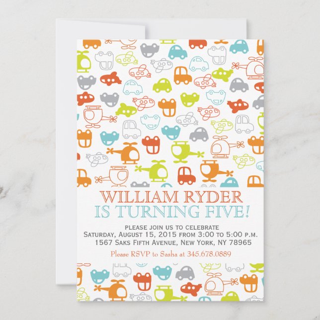 Moderna bilar, Flygplan och helikoptrar födelsedag Inbjudningar (Framsida)