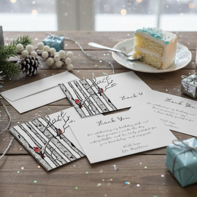 Moderna björkar och röda fåglar tack anteckningskort (Elegant Red Cardinal Bird in Winter Birch Tree Forest Thank You Note Card for Christmas & Holidays)