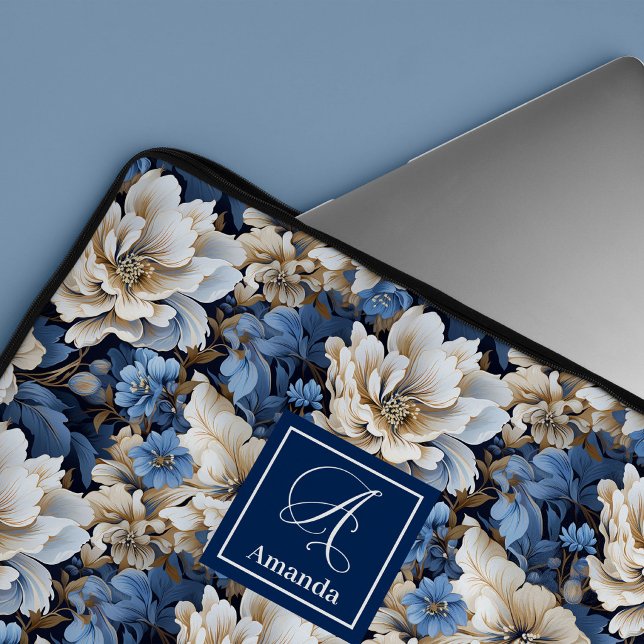 Moderna Blå Blommor Elegant Blommig Datorfodral (Modern Blue Flowers Elegant Floral Laptop Sleeve Case)