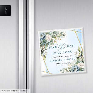 Moderna Blå Blommor Guld Glitter Spara Datum Magnet