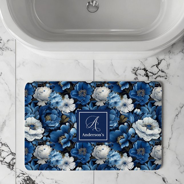 Moderna Blå Blommor Personlig Blommig Badrumsmatto Badrumsmatta (Modern Blue Flowers Personalized Floral Bath Mat)