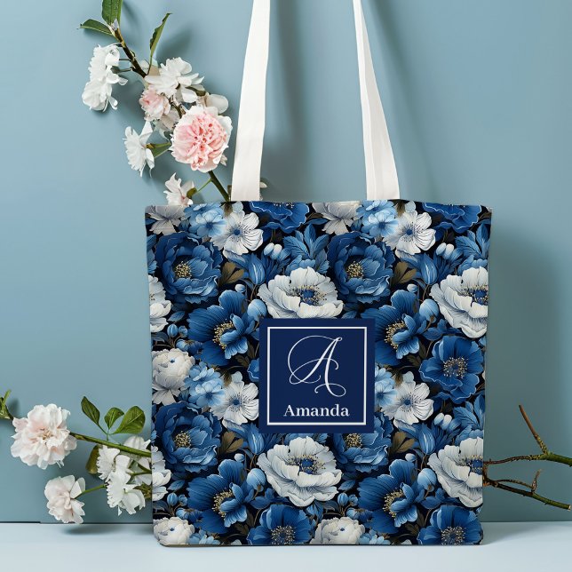 Moderna Blå Blommor Personlig Blommig Handväskor Tygkasse (Modern Blue Flowers Personalized Floral Tote Bag)
