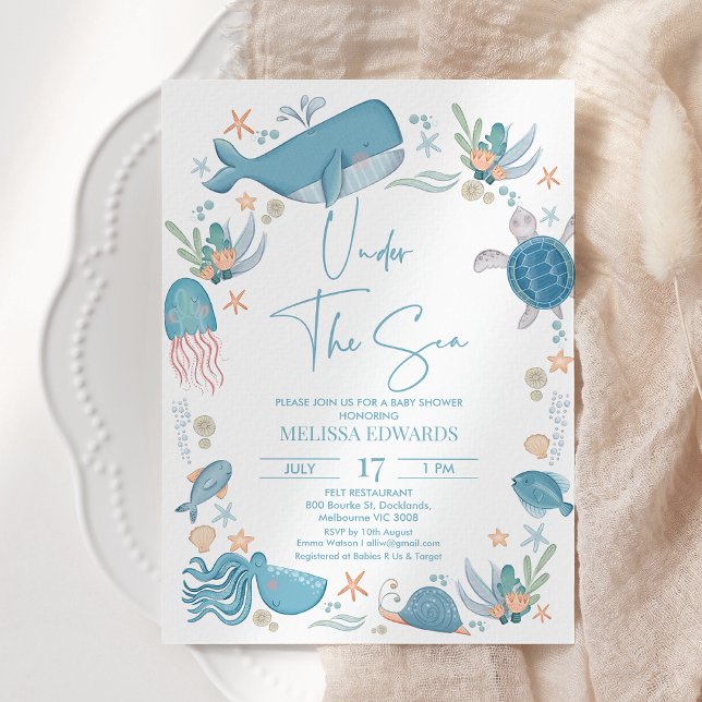 Moderna blå dysfiskar under sjöbabyduschen inbjudningar (Under The Sea Baby Shower Invitation Template Blue, Editable Ocean Themed Baby Shower Invitation)