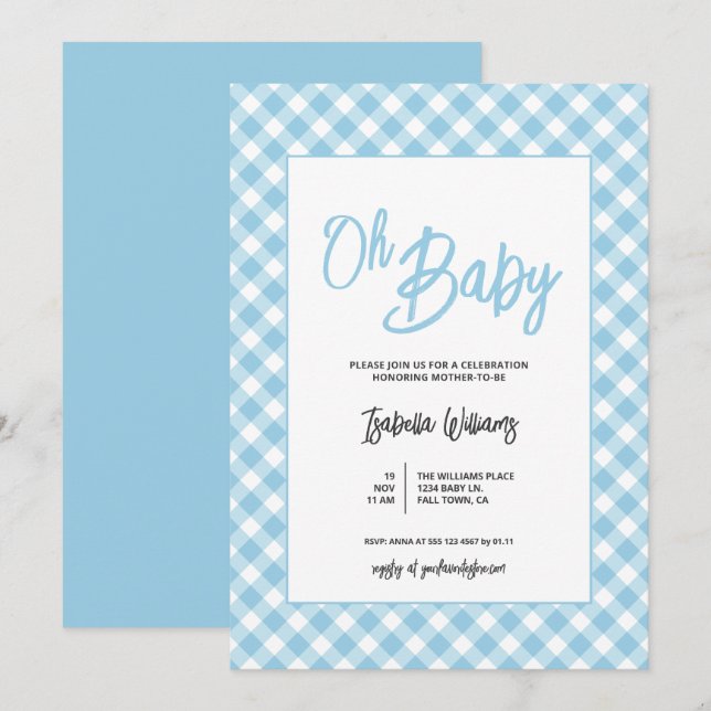 Moderna blå gingham-babyfödelsedagsinbjudningar fö inbjudningar (Fram/baksida)