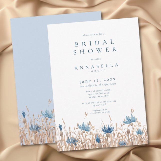 Moderna blå kornblommor & vet bröllopsdusch inbjudningar (Modern Blue Cornflowers & Wheat Bridal Shower Invitation)