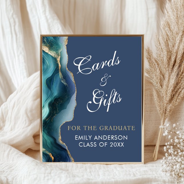 Moderna blå och guld examensfest kort för akademik poster (Elegant Blue Gold Graduation Cards & Gifts sign)