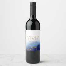 Moderna blå och guld vattenfärgsetiketter för vin