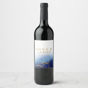 Moderna blå och guld vattenfärgsetiketter för vin vinflaska etikett