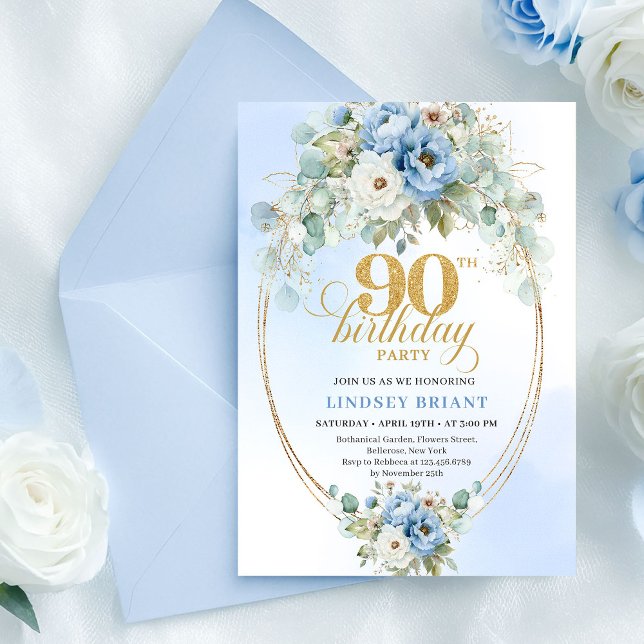 Moderna blå peonier grönska 90-års födelsedagsinbj inbjudningar (Modern Blue Peonies Greenery 90th Birthday Invite

)