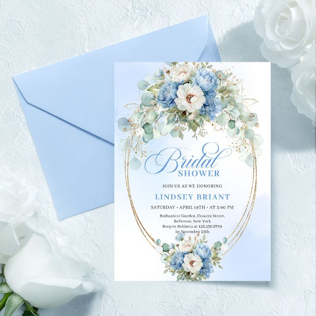 Moderna blå peonier grönska bröllopsfest inbjudan (Modern Blue Peonies Greenery Bridal Shower Invite

)