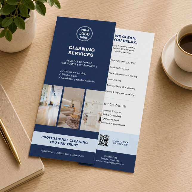 Moderna Blå Städtjänster med QR Reklamkort (Modern Blue Cleaning Services with QR Rack Card)