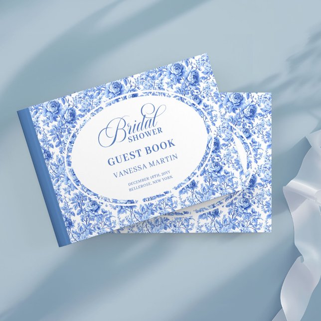 Moderna Blå Toile Rosor Bröllopsdusch Gästbok (Modern Blue Toile Roses Bridal Shower Guest Book

)