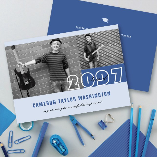 Moderna Blåa 2 Fotoblock Enkla Examenfestligheter Inbjudningar (Modern Blue 2 Photo Blocks Simple Graduation Announcement & Party Invitation @ fatfatin)