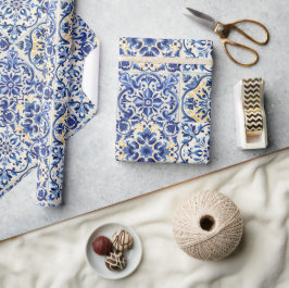 Moderna blåa plattor i vattenfärgen Medelhavet Presentpapper