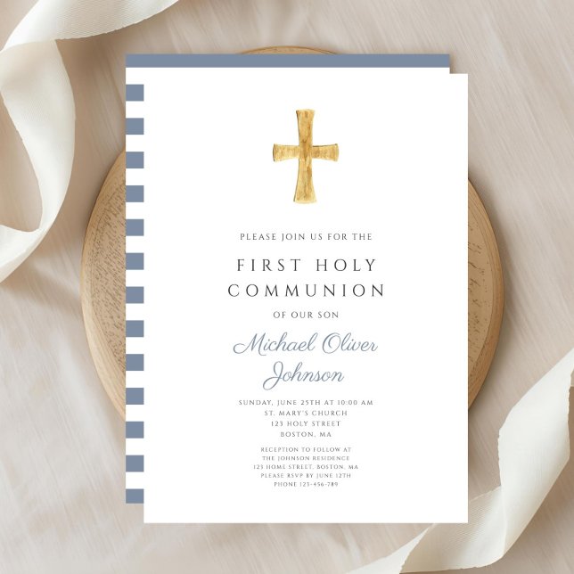 Moderna blåa ränder Kors Pojke Första kommunion Inbjudningar (Modern Blue Stripes Cross Boy First Communion Invitation )