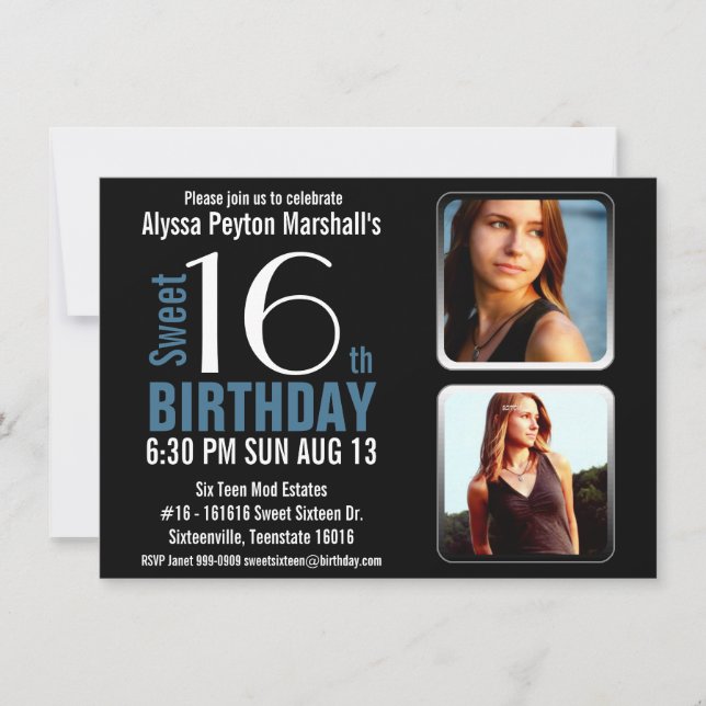Moderna blått och svärtar party 2 sött 16 för foto inbjudningar (Framsida)