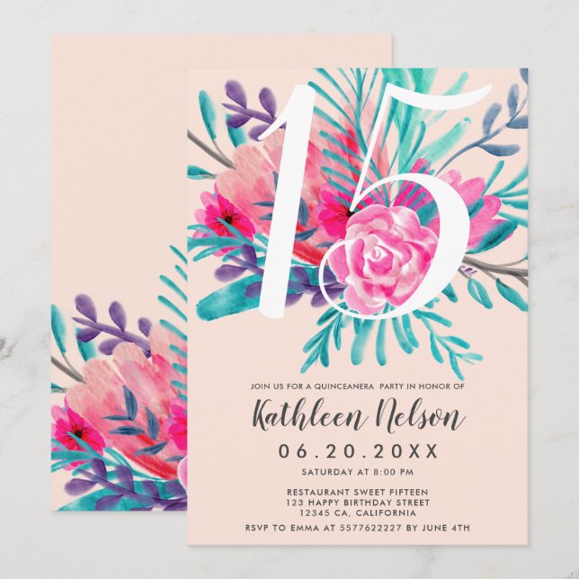 Moderna blom- vattenfärgneonrosor Quinceanera Inbjudningar (Fram/baksida)