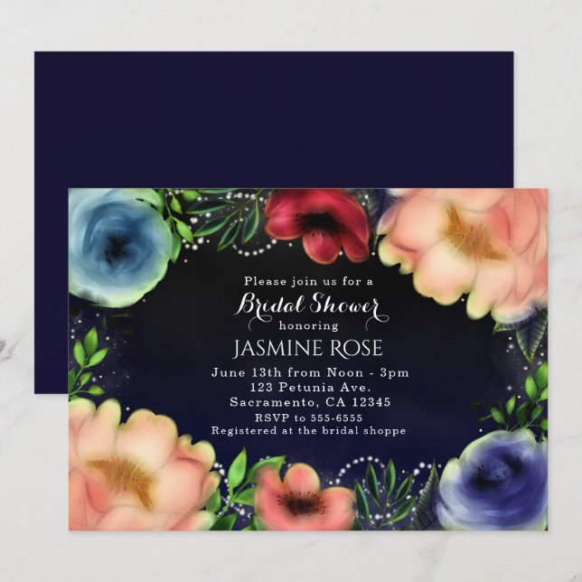 Moderna blommiga eleganta kvällspartajinvitationer inbjudningar (Fram/baksida)