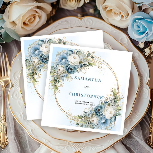 Moderna Blommiga Guldglittrande Bröllopsservetter Pappersservett (Modern Blue Floral Gold Glitter Wedding Napkins)