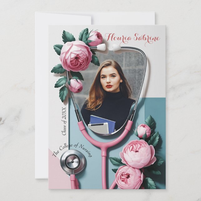 Moderna Blommiga Rosa Rosor Stetoskop Examen Meddelande (Framsida)