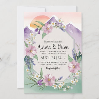 moderna blommigtens vattenfärgsberg bröllop inbjudningar