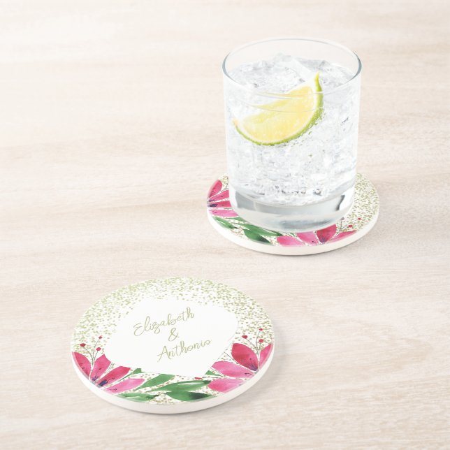 Moderna blommor blommar vattenfärg rosa glitter underlägg (Sidan)