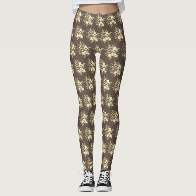 Moderna blommor i beige på brunt leggings (Framsida)