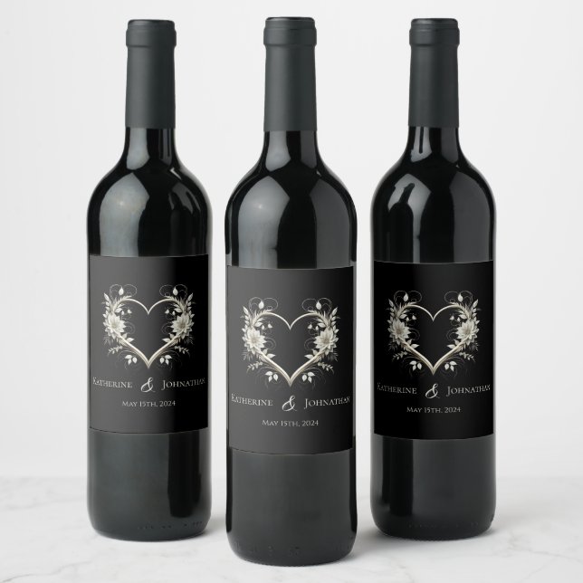 Moderna blommor med Heart-Bröllop- Vinflaska Etikett (Flaskor)