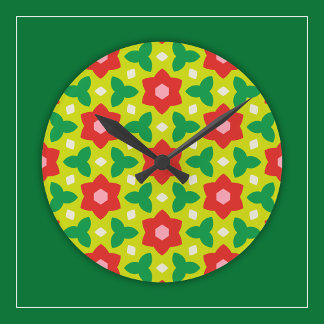 Moderna blommor på grön och röd geometrisk blomste rund klocka
