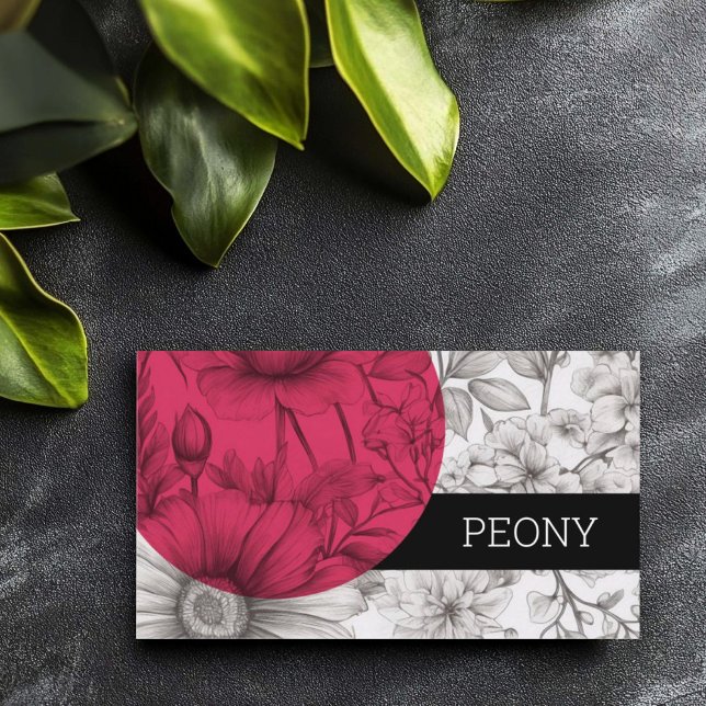 Moderna blomsterkort professionella blommor visitkort (Bold and modern business card for florist, black and white sketched flowers and magenta pink circle.)