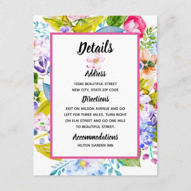 Moderna blomstermotiv i rosa - Bröllopsdetaljer Tilläggskort (Framsida)