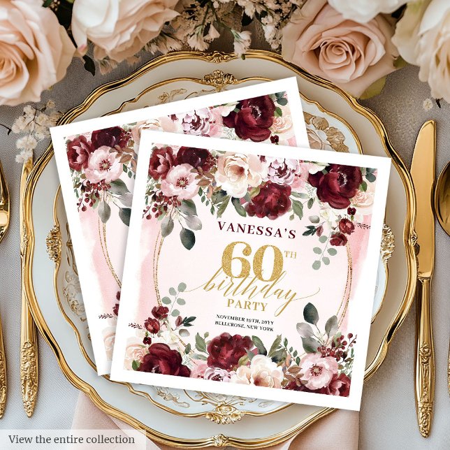 Moderna Boho Burgundy Blommiga 60 Födelsedagsserve Pappersservett (Modern Boho Burgundy Floral 60 Birthday Napkins

)