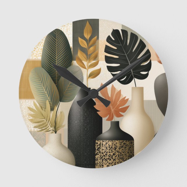 Moderna Boho-keramiska vaser och botaniska blad Rund Klocka (Framsida)