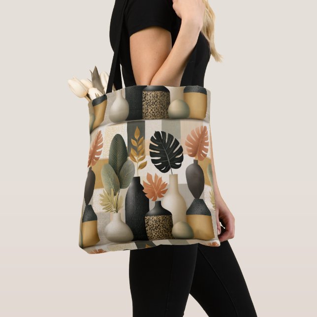 Moderna Boho-keramiska vaser och botaniska blad Tygkasse (Närbild)
