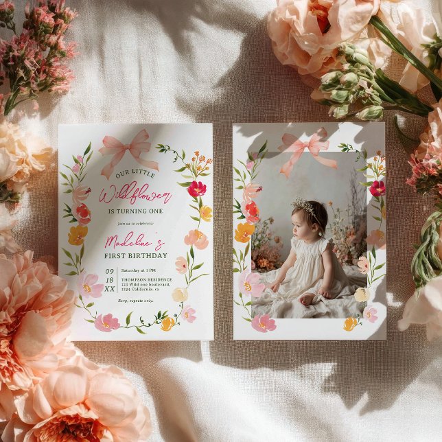 Moderna boho trädgårdsvilda blommor foto 1-års föd inbjudningar (Modern boho garden wildflowers photo 1st birthday invitation)