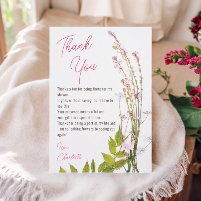 Moderna boho vildblommor script foto bröllopsfest tack kort (Modern boho wildflowers script photo bridal shower thank you card)