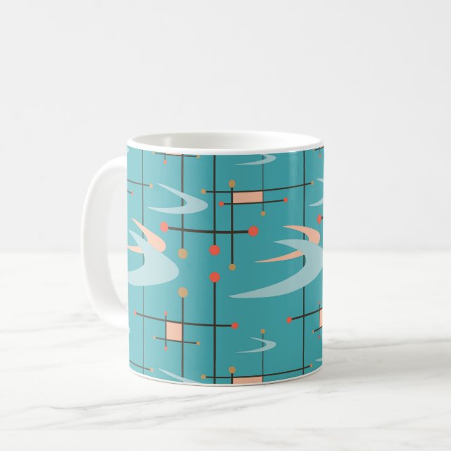 Moderna boomerangar på turkos under mitten av århu kaffemugg (Framsida vänster)