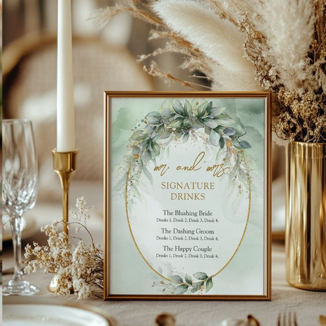Moderna botaniska gröna drycker i guld namntecknin poster (Modern botanical greenery gold signature drinks poster)