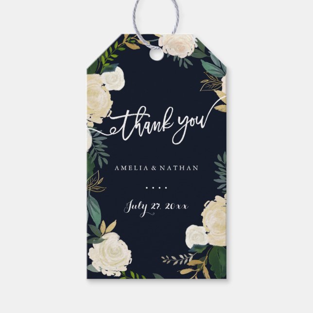 Moderna Botaniska Navy Tacksamt Bröllopsgavpresent Presentetikett (Framsidan)