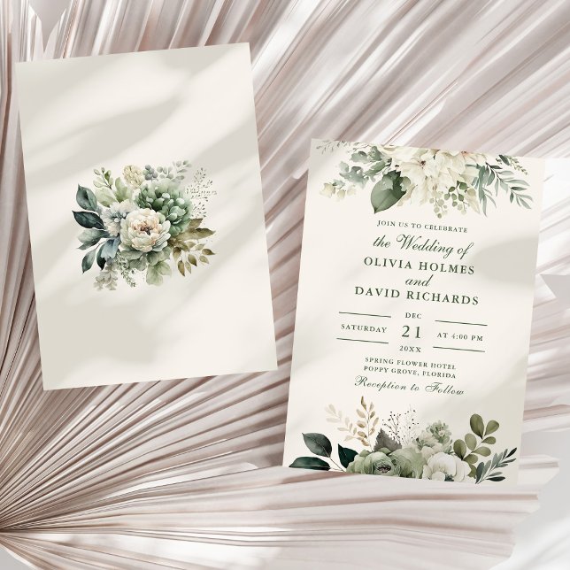 Moderna bröllop med sagegröna och elfenbensfärgade inbjudningar (Modern Sage Green and Ivory Flowers Wedding Invitation on a sunny white dry palm leaf.)