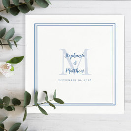 Moderna bröllopsnamn & datummonogram i blått och v pappersservett