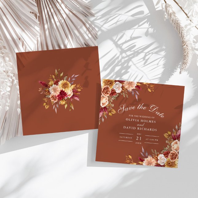 Moderna Bruna Orange Terrakotta Vildblommor Bröllo Spara Datumet (Modern Burnt Orange Terracotta Wildflowers Wedding Save The Date on a sunny white table.)