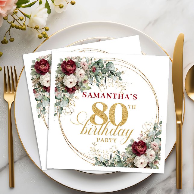 Moderna Burgundy Blommiga Guld 80-års Födelsedags  Pappersservett (Modern Burgundy Floral Gold 80th Birthday Napkins)